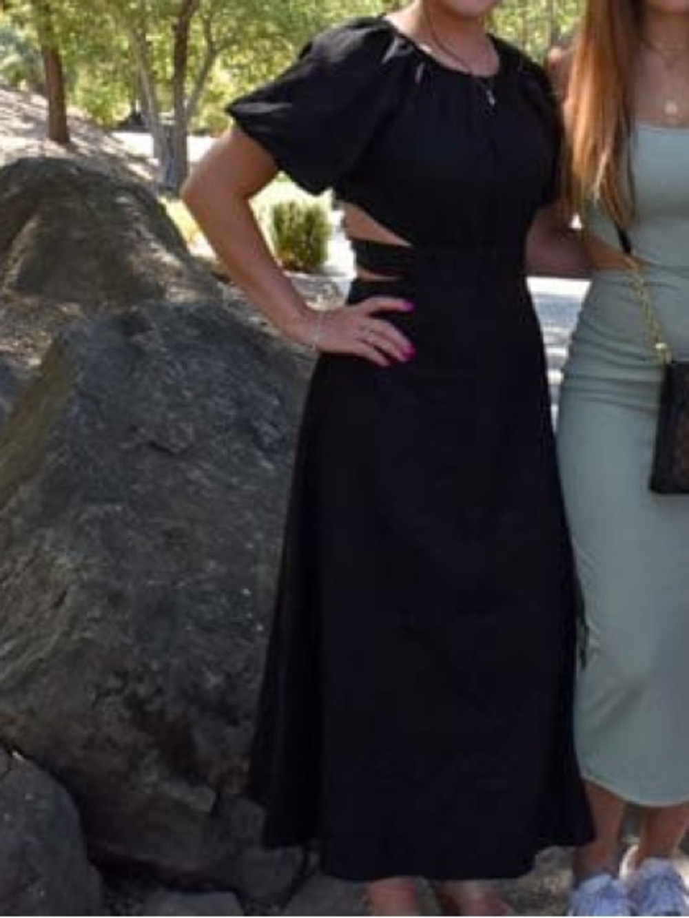 Lulus black puff sleeve tie cut out maxi dress